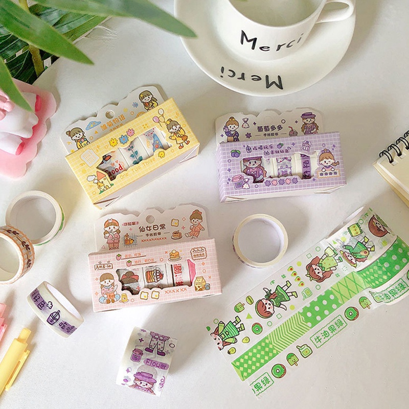 Bộ 4 cuộn băng keo họa tiết hoạt hình trang trí sổ tay diy