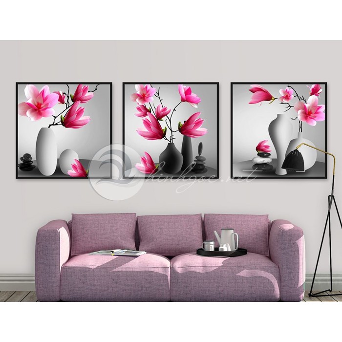 Tranh treo tường canvas 40x40cm x 3 tranh giá xưởng in UV cao cấp - bình hoa ly hồng 1