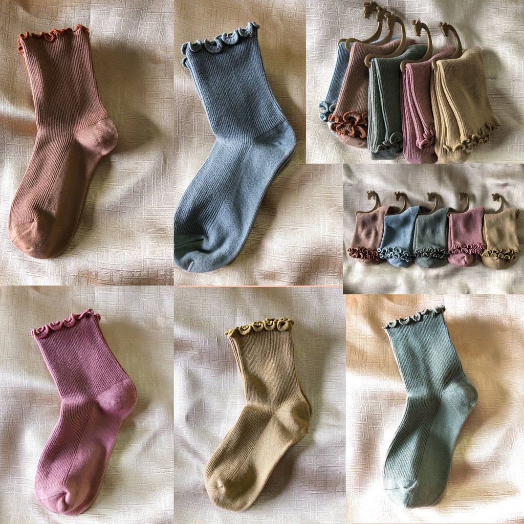 Tất Nữ [FREESHIP] Vớ Tất Nhún Cổ Cao/Thấp-Trơn/Viền Ren/Viền Bèo Phong Cách Vintage Hàn Quốc