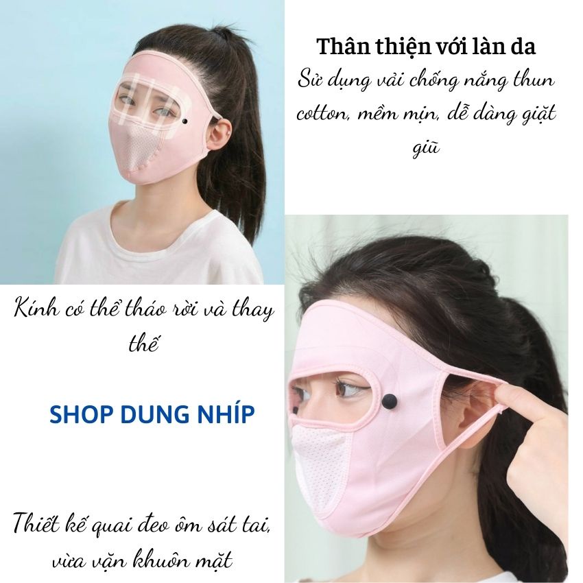 Khẩu trang Ninja có kính chống nắng bụi, vải thun cotton mỏng thoáng mát, che kín mặt, trán, có tai đeo ôm sát mặt