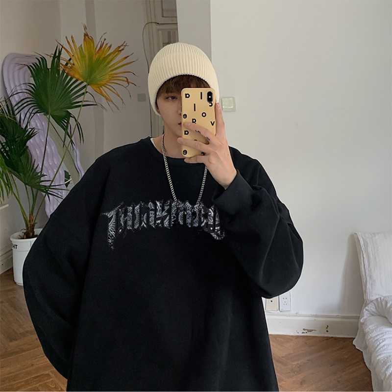 Áo sweater cổ tròn in chữ và họa tiết ngọn lửa độc đáo thời trang dạo phố cho nam size m - 5xl