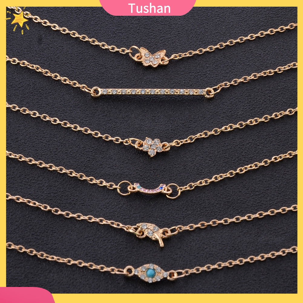 TUSH_6Pcs/Set Butterfly Leaf Evil Eye Charm Rhinestone Inlaid Women Bangle Bracelet