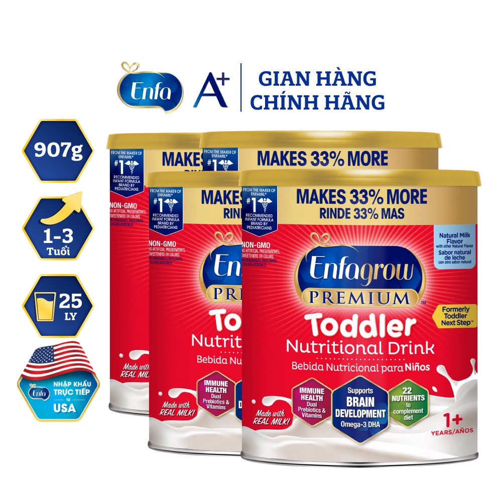 Bộ 4 lon Sữa Bột Enfagrow Premium Toddler Hương Sữa Tự Nhiên Cho Trẻ 907g/lon
