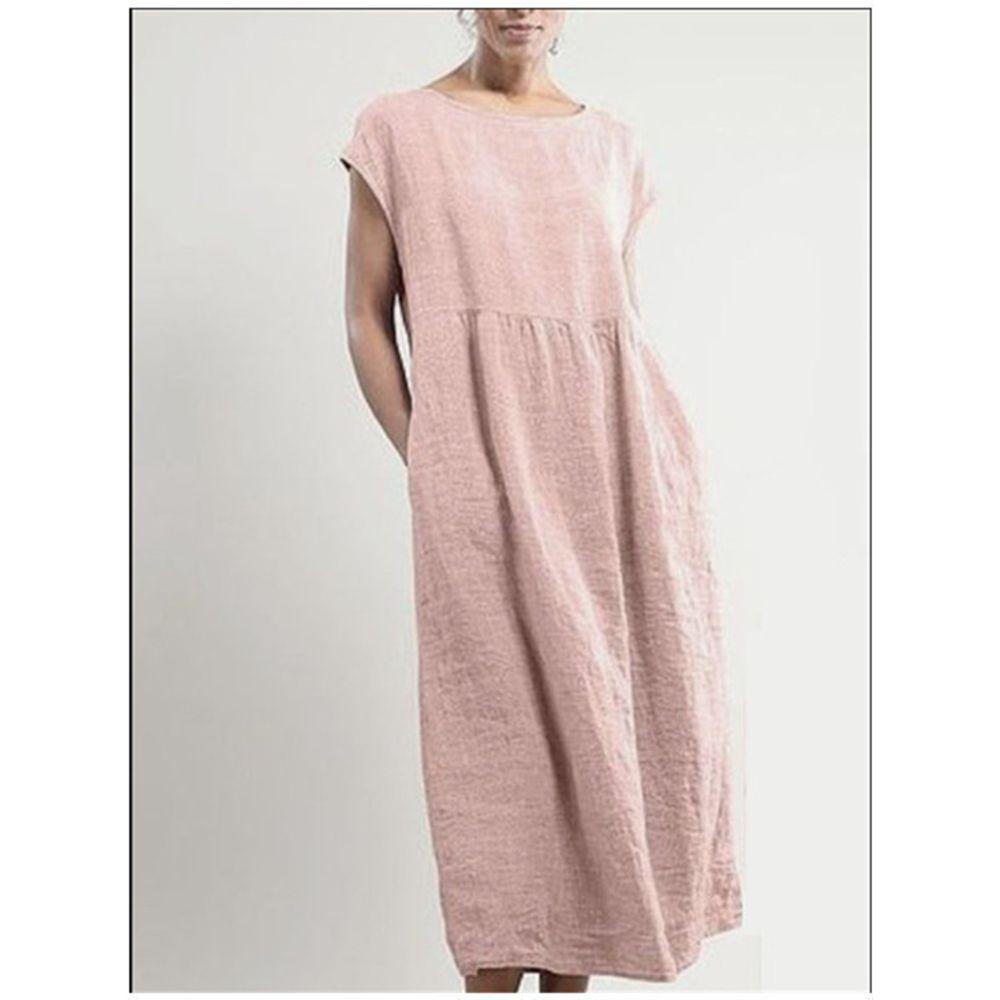 Đầm Dài Vải Lanh Cotton Màu Trơn Có Túi Plus Size Cho Nữ