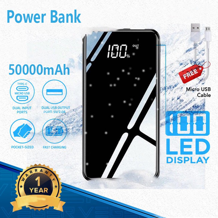 Sạc dự phòng 50000mah Màn hình LED 2 cổng USB Sạc nhanh Với Đèn pin Pin sạc dự phòng