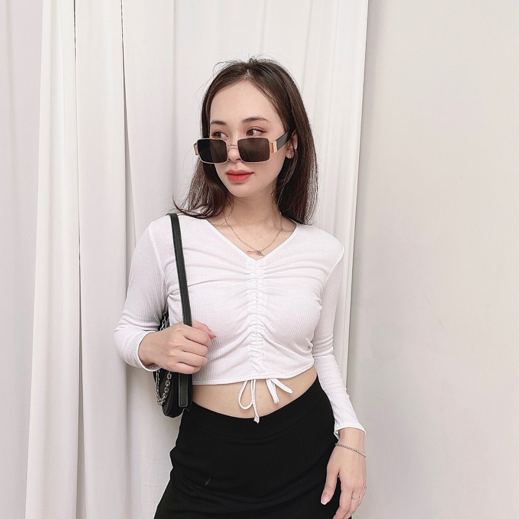 Áo croptop nữ tay dài kiểu ôm rút dây cổ tim bigsize thun body T18 STORE  CT03