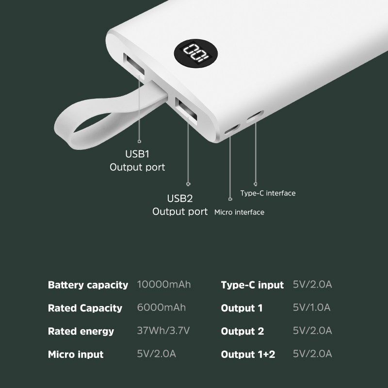 Sạc pin dự phòng BASIKE PH31 10000mah LED Đầu Ra Hai Cổng Kèm Theo Cáp Sạc