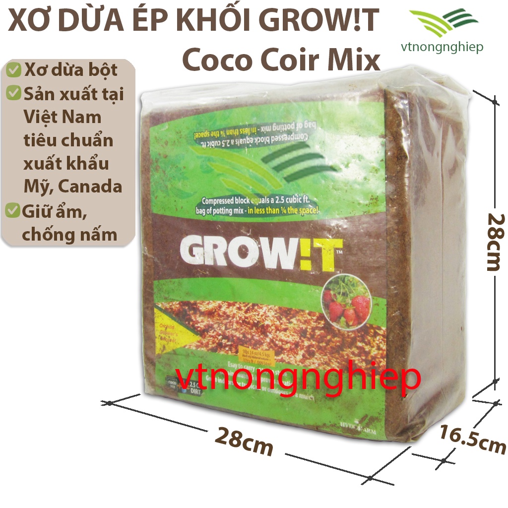 Xơ dừa bột GROW!T- Coco Coir Mix, mụn dừa ép khối, kiện 28x28x16.5cm, 4.5kg, dùng cho cây cảnh, cây hoa, rau mầm.