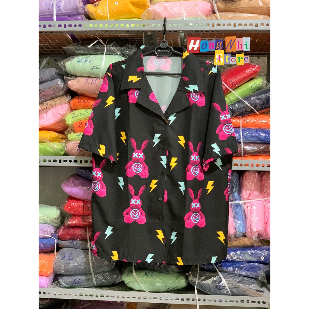 Áo sơ mi hoạ tiết tay lỡ dáng rộng, sơ mi hoa đi biển, sơ mi đen hình thỏ tay lửng unisex - mm | BigBuy360 - bigbuy360.vn