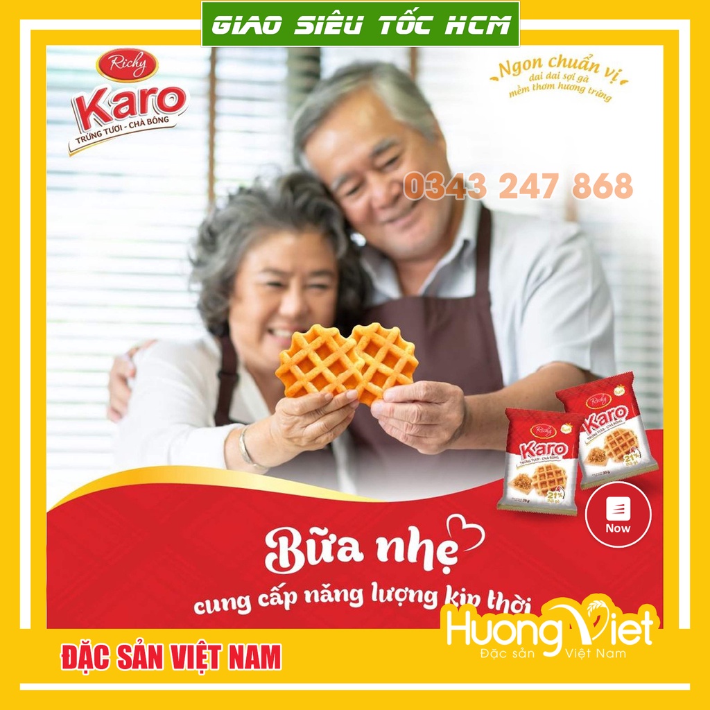 Bánh Karo Richy trứng tươi chà bông sợi gà túi 156g (6 gói x 26g) Date mới, bánh trứng tươi karo mềm ngon, bánh caro