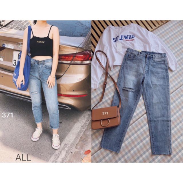 Quần slim baggy jeans xanh rách bên đùi kèm ảnh thật