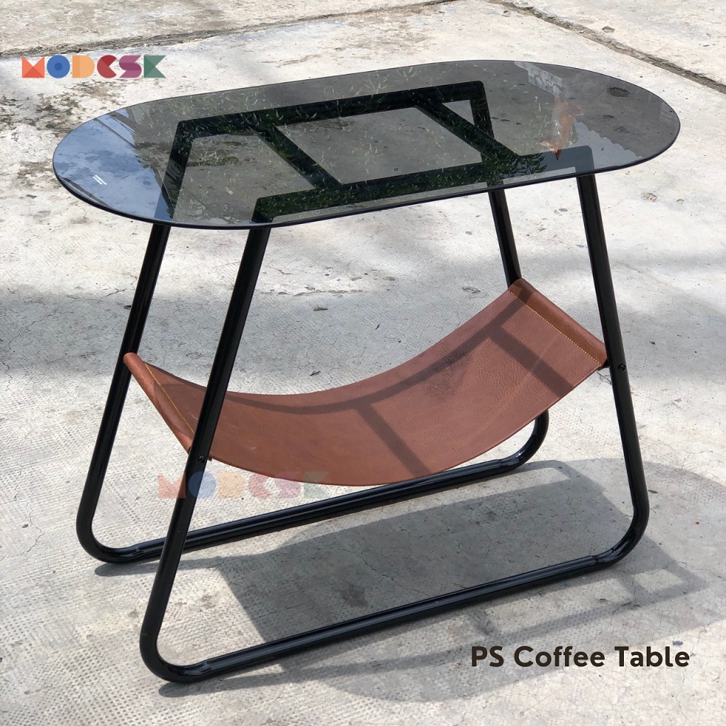 Bàn trà oval MODESK PS Coffee Table sắt sơn tĩnh điện Kính màu và da PU sang trọng