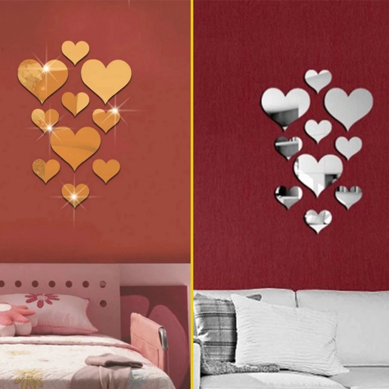 Bộ 10 miếng dán tường hình trái tim tráng gương