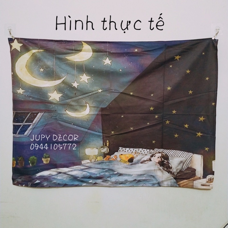 [ĐẸP] Thảm vải treo phòng ngủ ngắm bầu trời đêm lung linh thơ mộng, vải dày mịn đẹp tặng kèm móc treo tranh