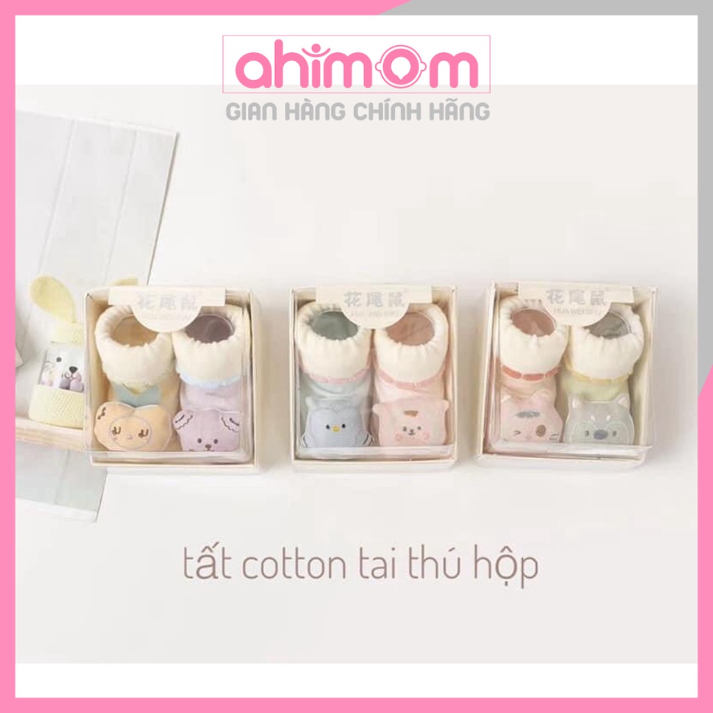 Tất sơ sinh - Set hộp 2 đôi tất hình thú, vớ sơ sinh cho bé - Ahimom