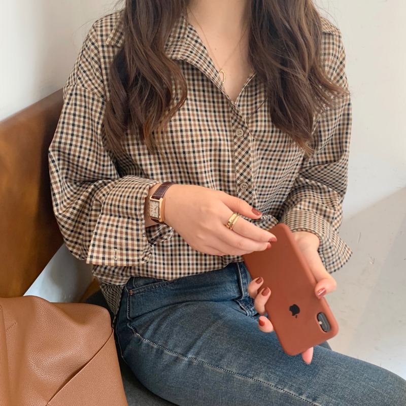 Áo Sơ Mi Caro Tay Dài Thời Trang Retro Cho Nữ