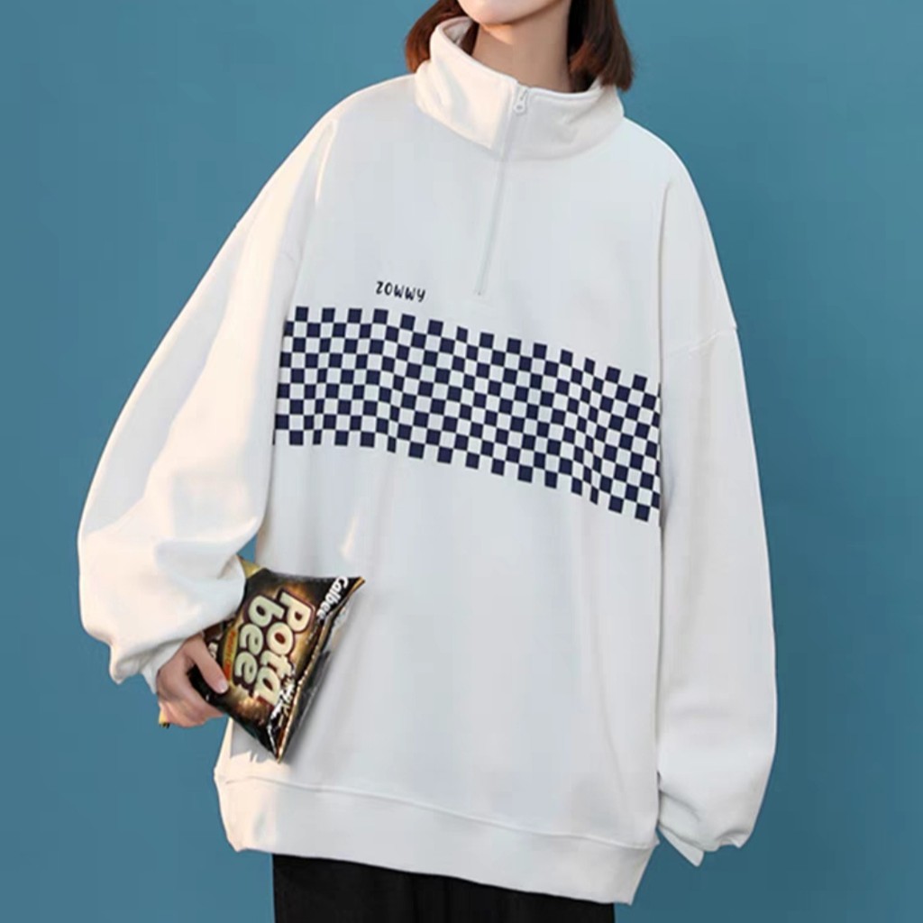 Áo Nỉ Khóa Cổ Beeterno ❤ Áo Nỉ Cổ Bẻ In Caro Unisex