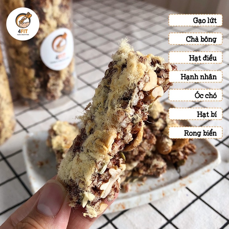 Thanh gạo lứt chà bông 4FIT siêu hạt bánh ăn kiêng không đường ăn vặt healthy