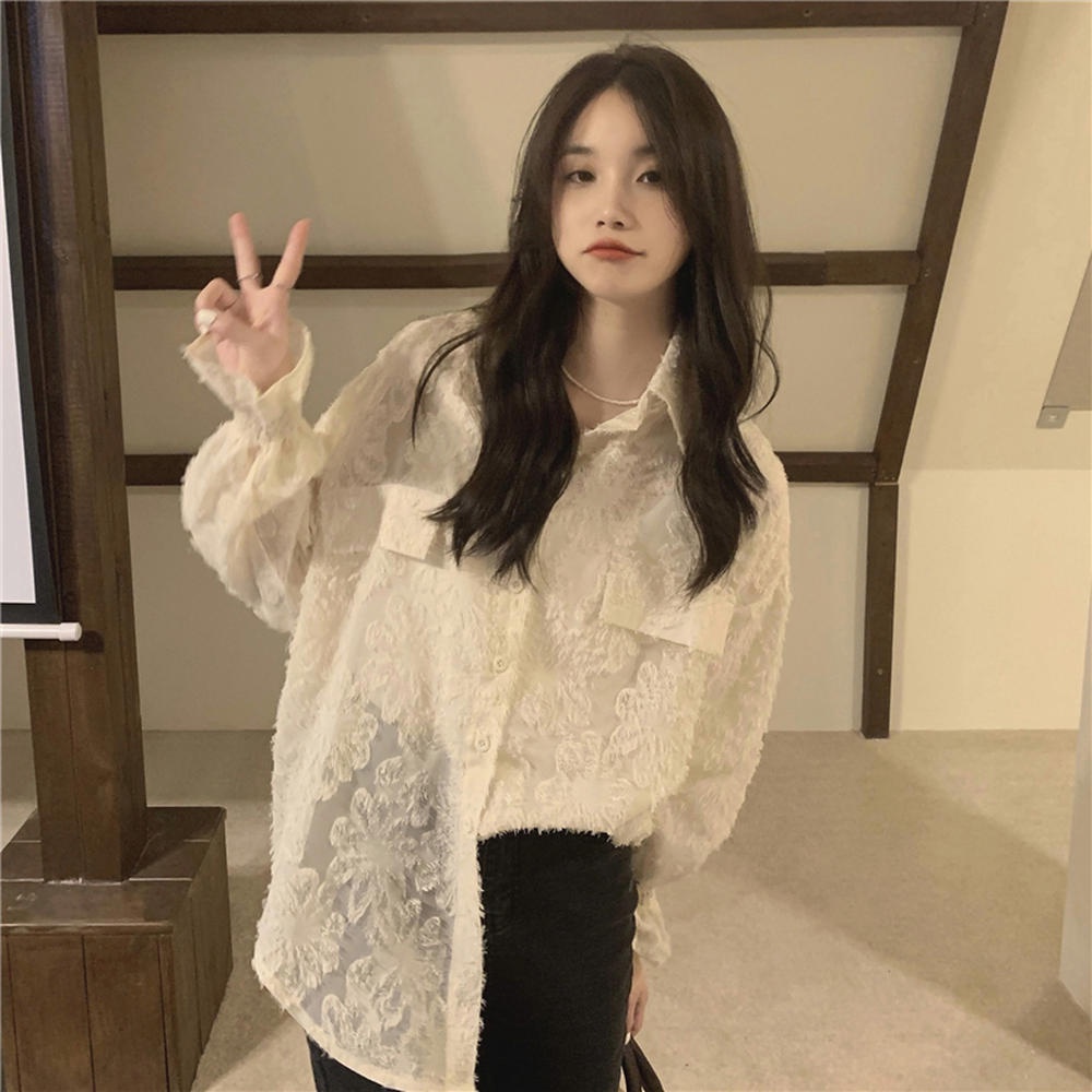 Áo Sơ Mi Tay Dài Dáng Rộng Phối Ren Thời Trang Mới 50454