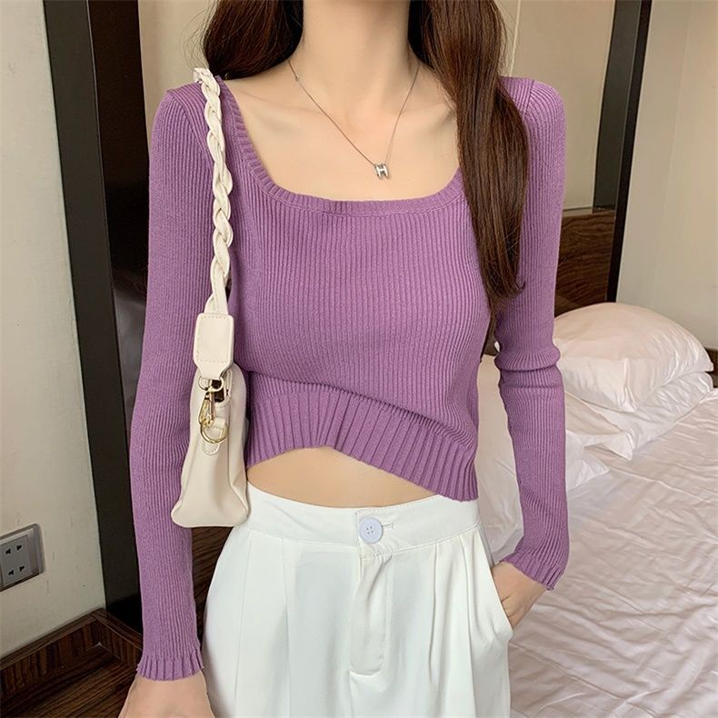 Áo Sweater Dệt Kim Cổ Vuông Dáng Ngắn Thời Trang Thu Đông Cho Nữ