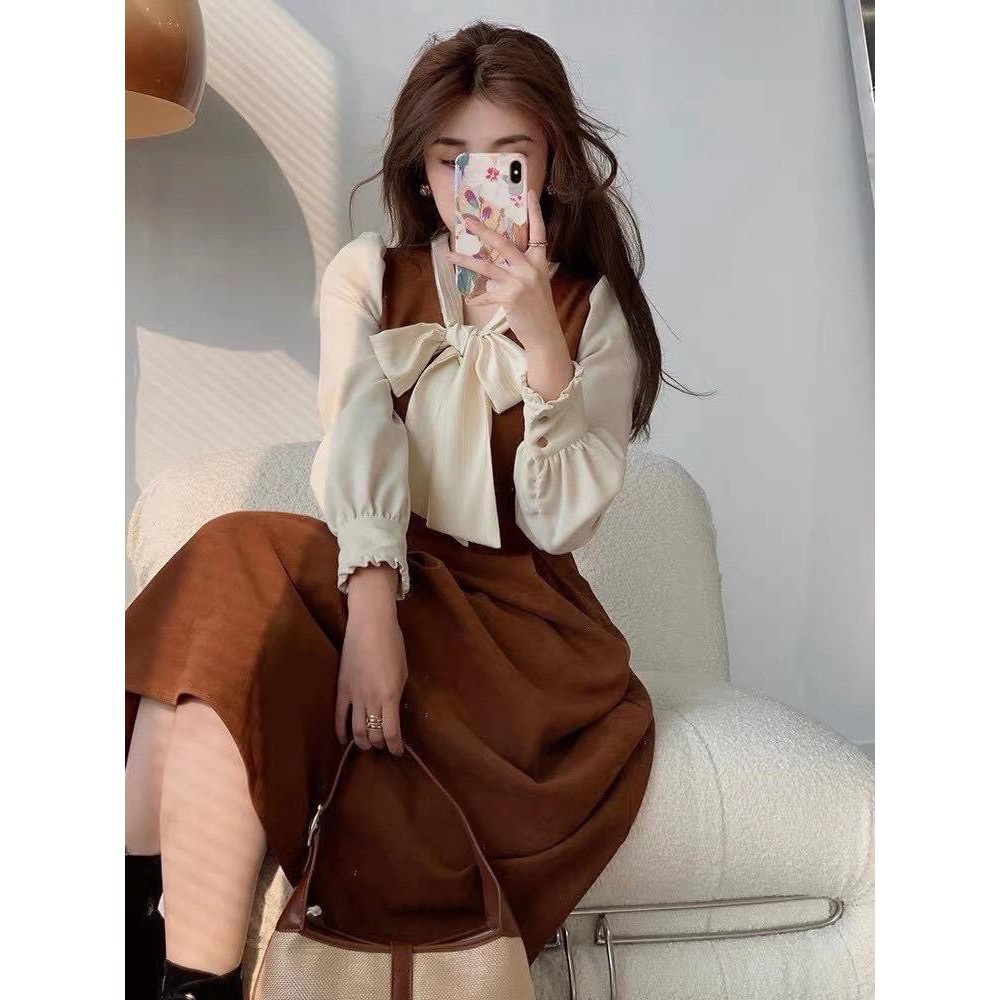 Váy Xòe Chất Da Nâu Phối Voan Tơ Cổ Nơ,  Đầm Xòe Tay Phồng Hàng Thiết Kế Form Dáng Chuẩn. | BigBuy360 - bigbuy360.vn