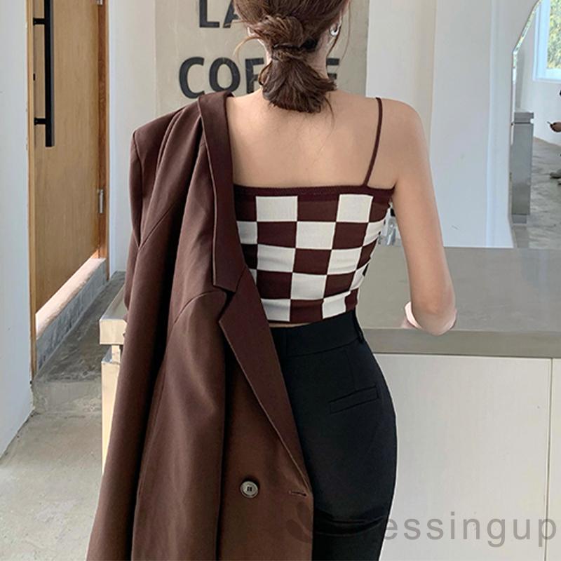 Áo lửng hai dây họa tiết ca rô đen/nâu thiết kế thời trang cho nữ