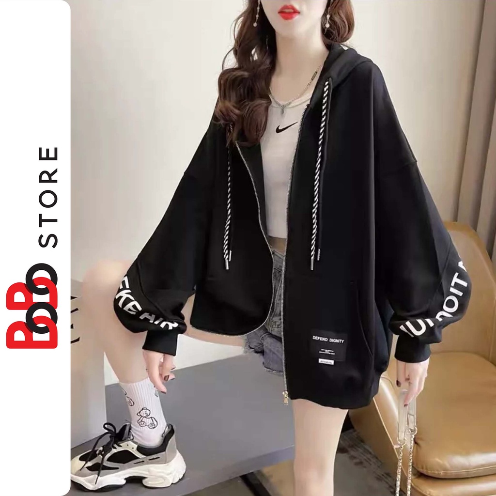Áo khoác nỉ ngoại NHJE có in chữ dọc theo tay áo khóa zip form rộng dành cho nữ nam - BoBo Store