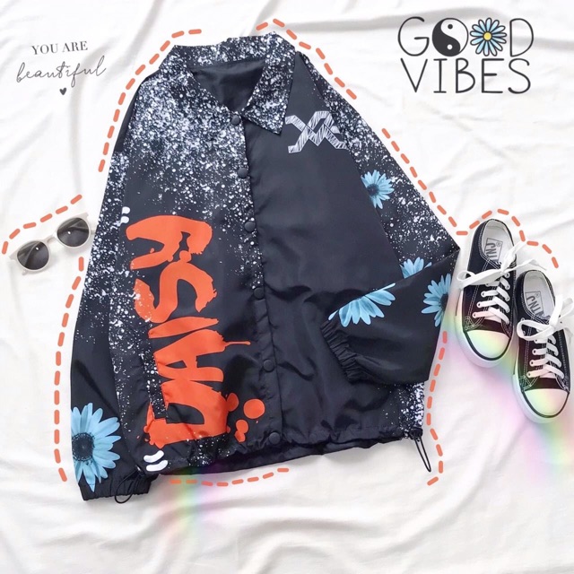 Áo Jacket Dù Hoạ Tiết 3D Nút Bấm DAISY  Dây Rút Ảnh Thật