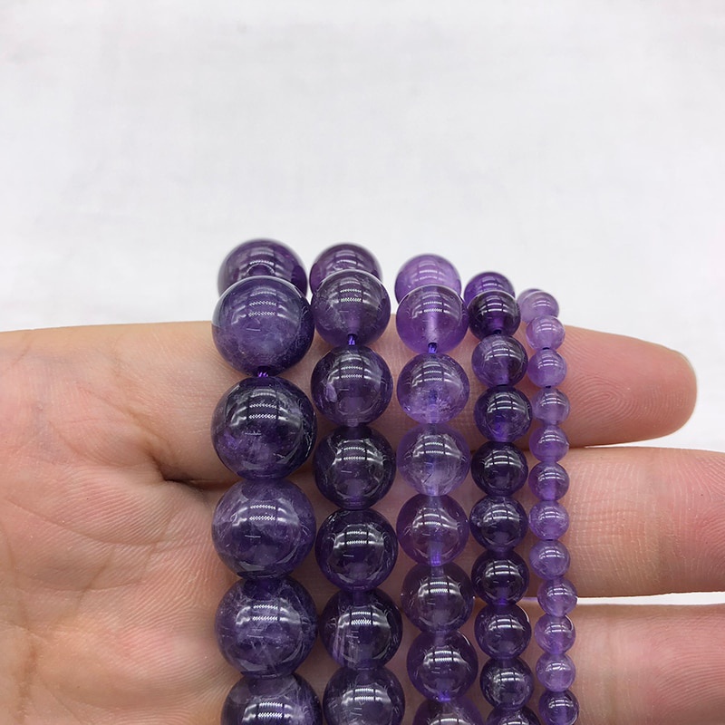 Aaa + 100% Đá Tự Nhiên Thạch Anh Tím Hạt Pha Lê Để Trang Sức Làm Vòng Tay DIY Vòng Cổ 4 / 6 / 8 / 10 / 12mm Dây 15 ''