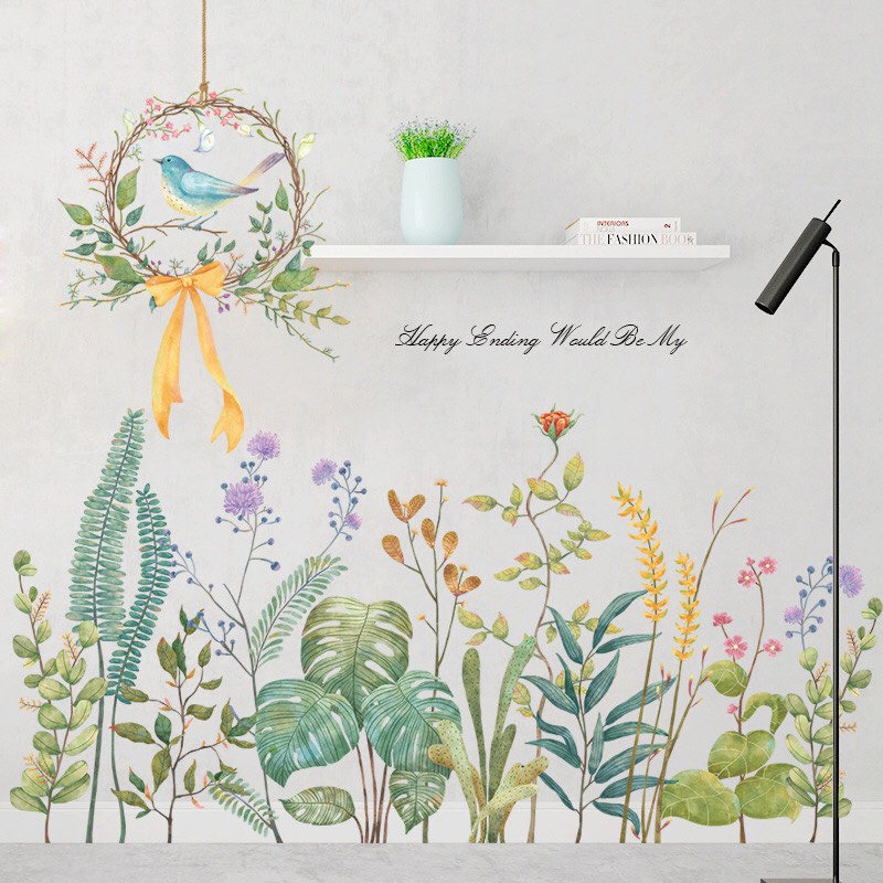 Decal trang trí tường - Vòng hoa có chú chim và những lá cây phong cách