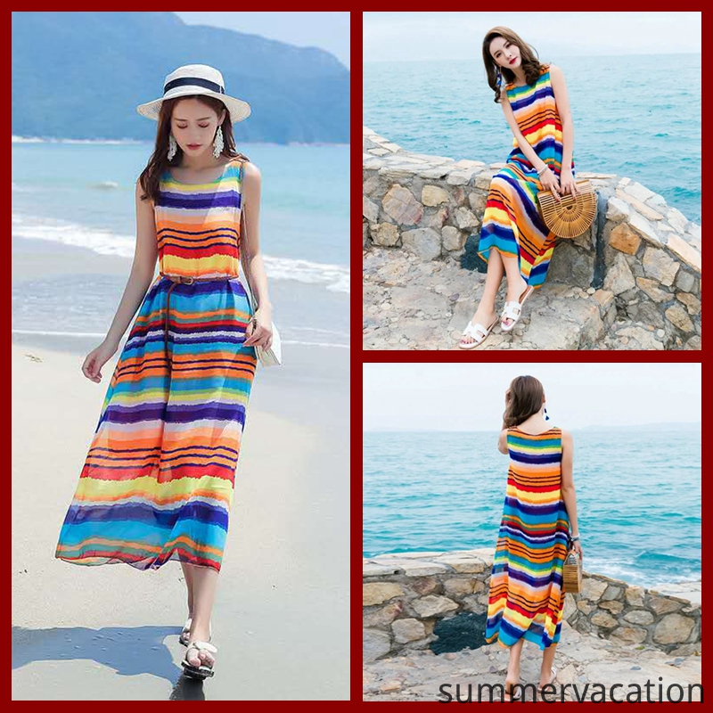 Váy Đi Biển Đầm Maxi Hoa Women's Long Beach Midi Dresses Rainbow Multi Color Printed Plus Size Korean Fashion Bohemian Chiffon Double Layer