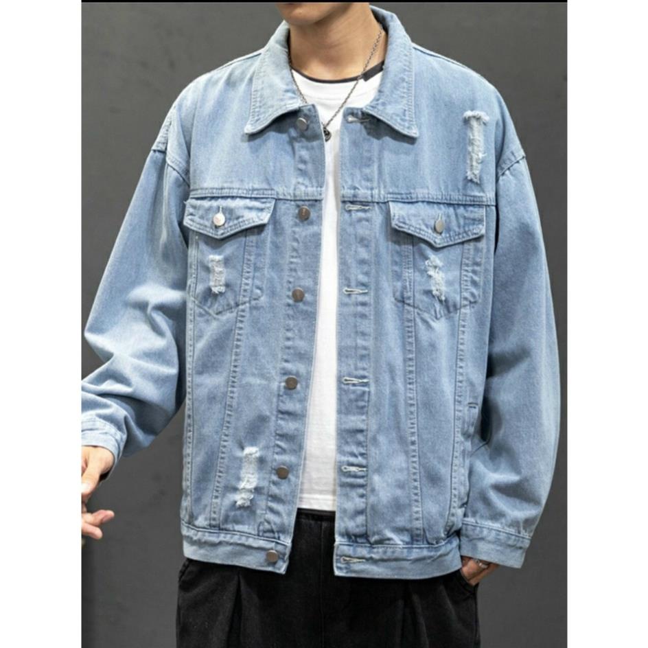 Áo Khoác Jean Nam Rách phong cách Hàn Quốc Áo Khoác Rin Jeans Jean Rách Vai Nam Nữ Màu Xanh NHẠT VÀ ĐẬM Chất Unisex