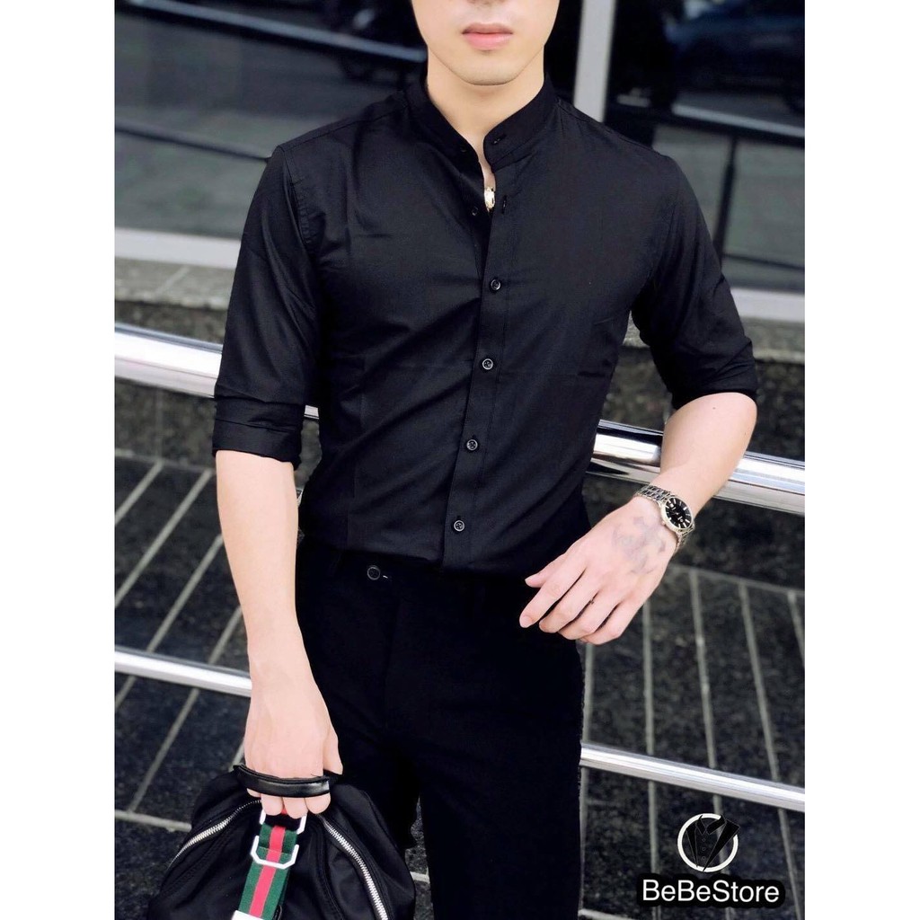 Áo Sơ Mi Nam Đen Cổ Tàu