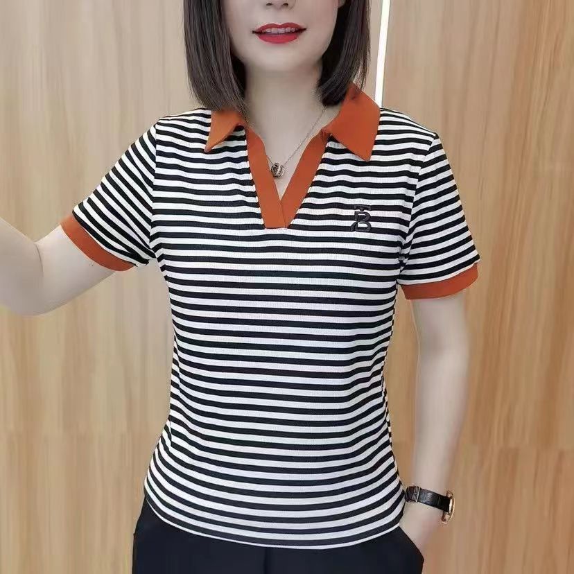 Áo Thun polo Dáng Rộng Họa Tiết Kẻ Sọc Phong Cách Phương Tây Thời Trang Mùa Hè Cho Phụ Nữ Trung Niên