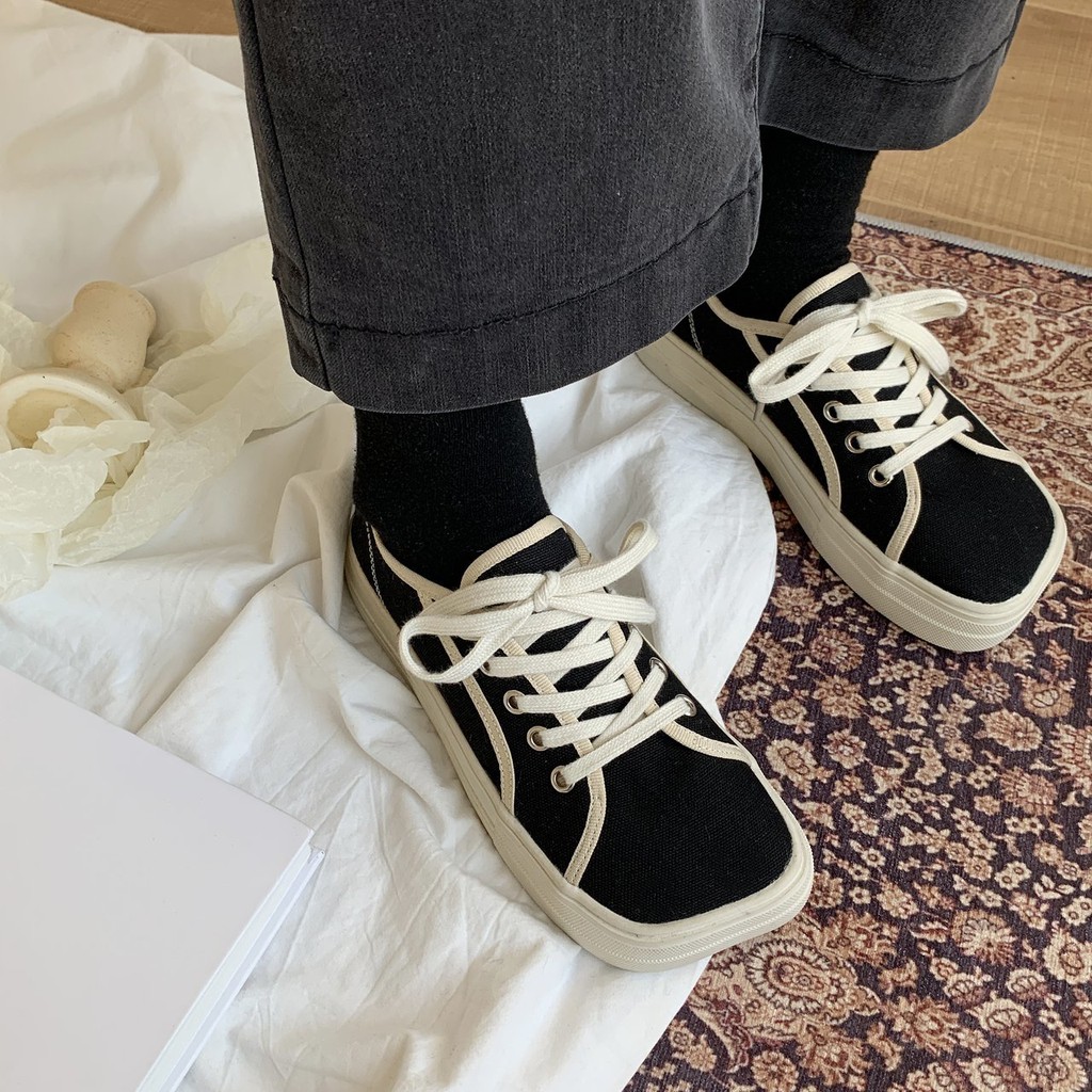 [ Mã 66CBSALE giảm 30K đơn 200K] Ulzzang Giày Canvas Mũi Vuông Thời Trang Năng Động Dành Cho Nữ | BigBuy360 - bigbuy360.vn
