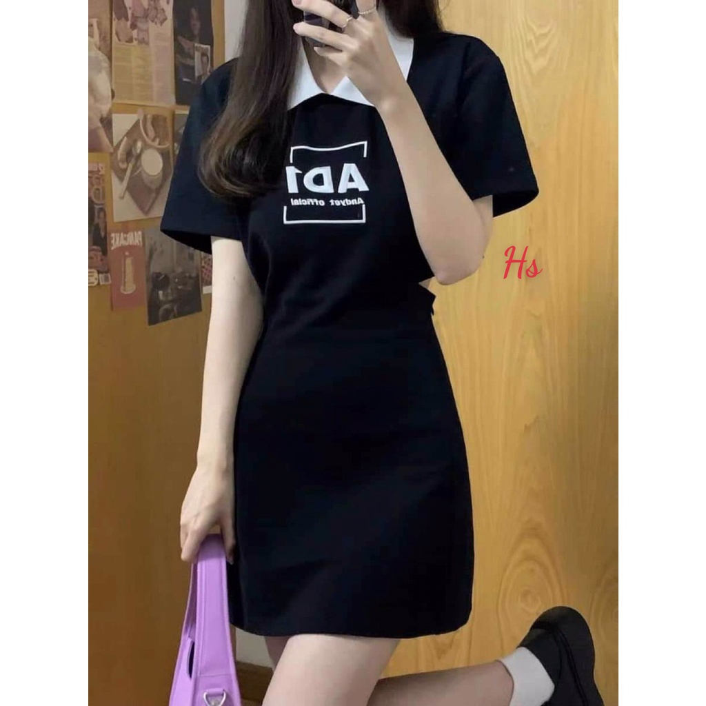 Váy body polo AD1 cổ trắng hở lưng sexy, chất cotton, Rosyhana
