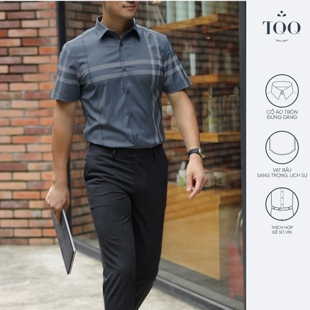 Áo sơ mi nam ngắn tay TQQ K434CB-CSC màu chì chất liệu cao cấp dáng Slimfit hiện đại, nam tính