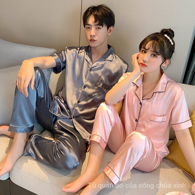 Set đồ ngủ tay ngắn bằng lụa nhiều màu sắc tuỳ chọn Cm1i dành cho cặp đôi