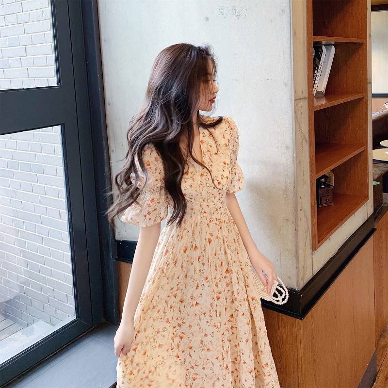 Đầm Chiffon Dài Qua Gối In Họa Tiết Hoa Phong Cách Pháp Cổ Điển Thời Trang Mùa Hè Năm 2021