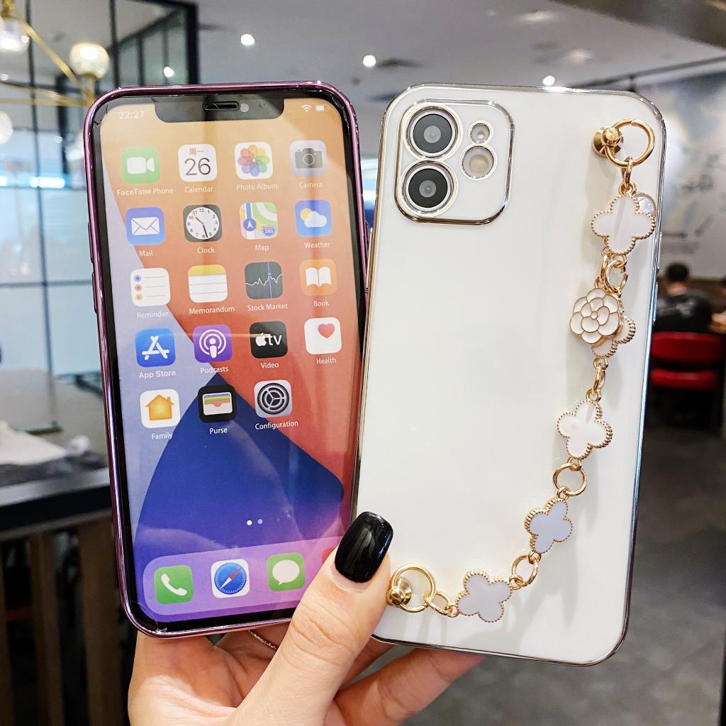 Ốp điện thoại TPU mạ điện màu sắc macaron có dây đeo tay chuỗi xích thích hợp cho iPhone 13 12 11 Pro Max X XS XR Plus