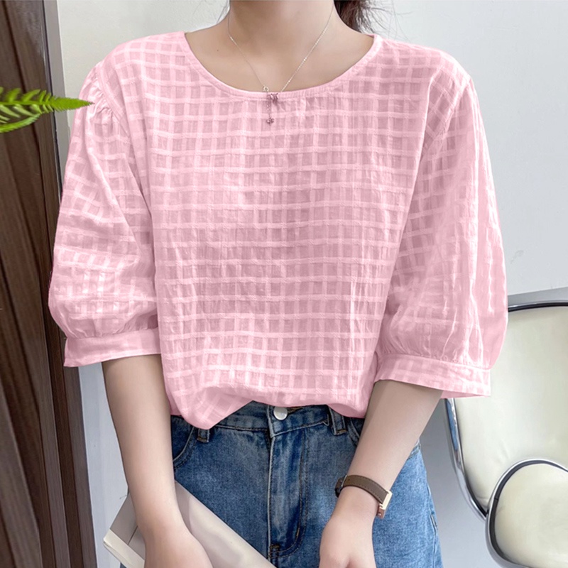 Zanzea Áo Tay Phồng Cổ Tròn Họa Tiết Kẻ Sọc Dáng Rộng Thời Trang Dành Cho Nữ