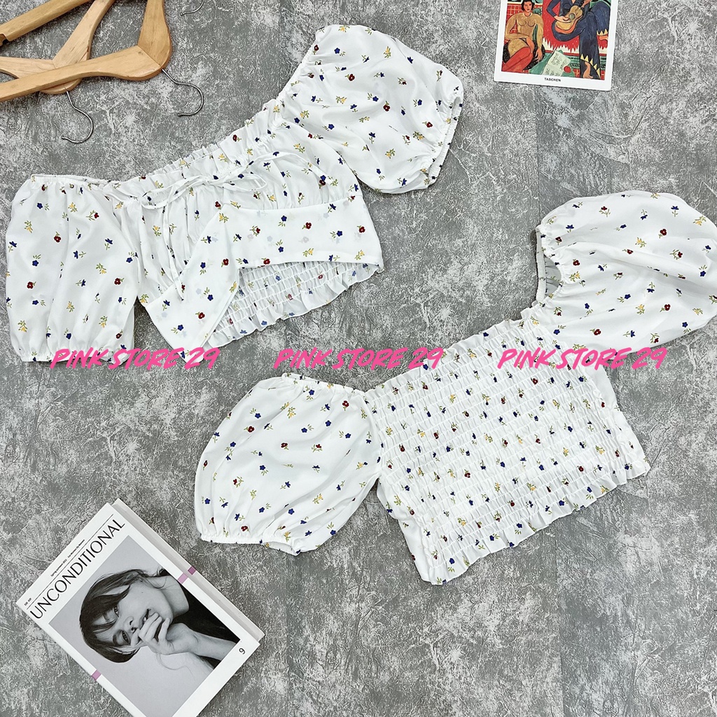 Áo Croptop Voan Body Tay Ngắn PINKSTORE, Dáng Ôm Tay Phồng In Hoa A5407