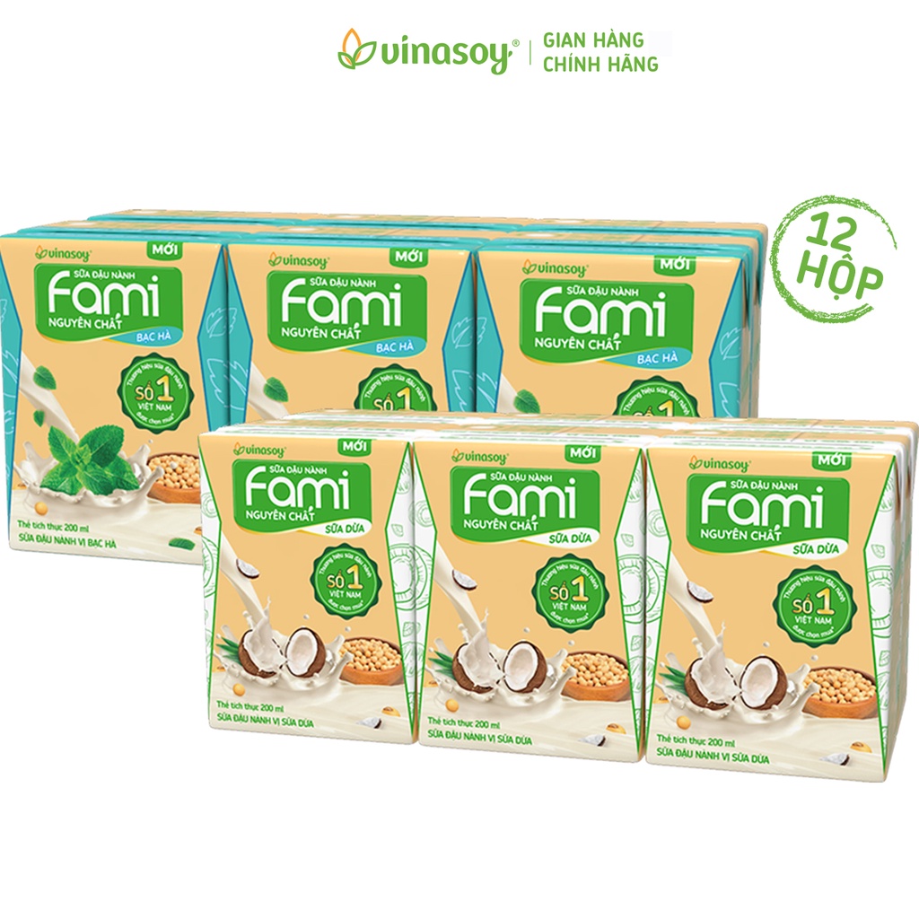 Thùng sữa đậu nành Fami Go Mè đen (40 bịch x 200ml) + Combo 2 lốc Bạc hà và sữa dừa (12 hộp x 200m)