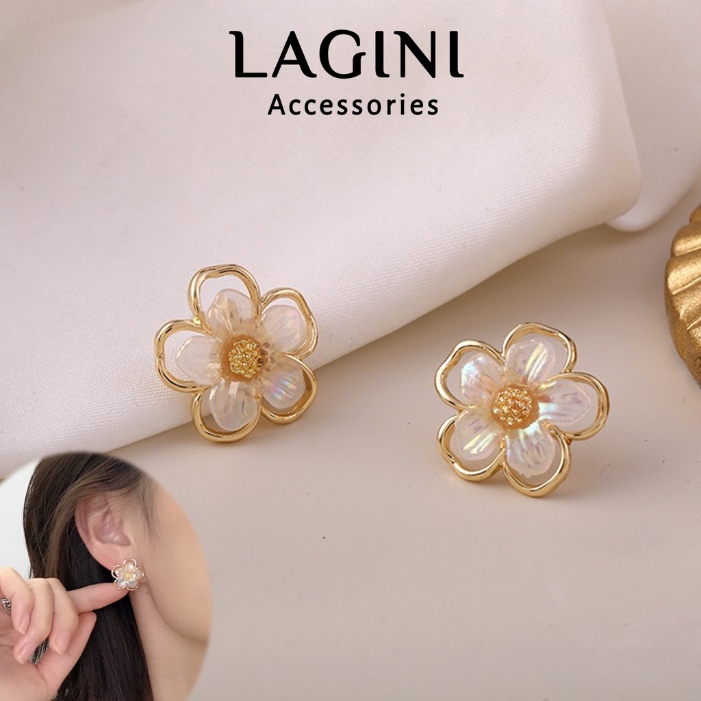 Bông tai khuyên tai bạc 925 nhỏ hoa mai khảm ngọc Lagini xinh xắn lung linh hàn quốc dành cho nữ