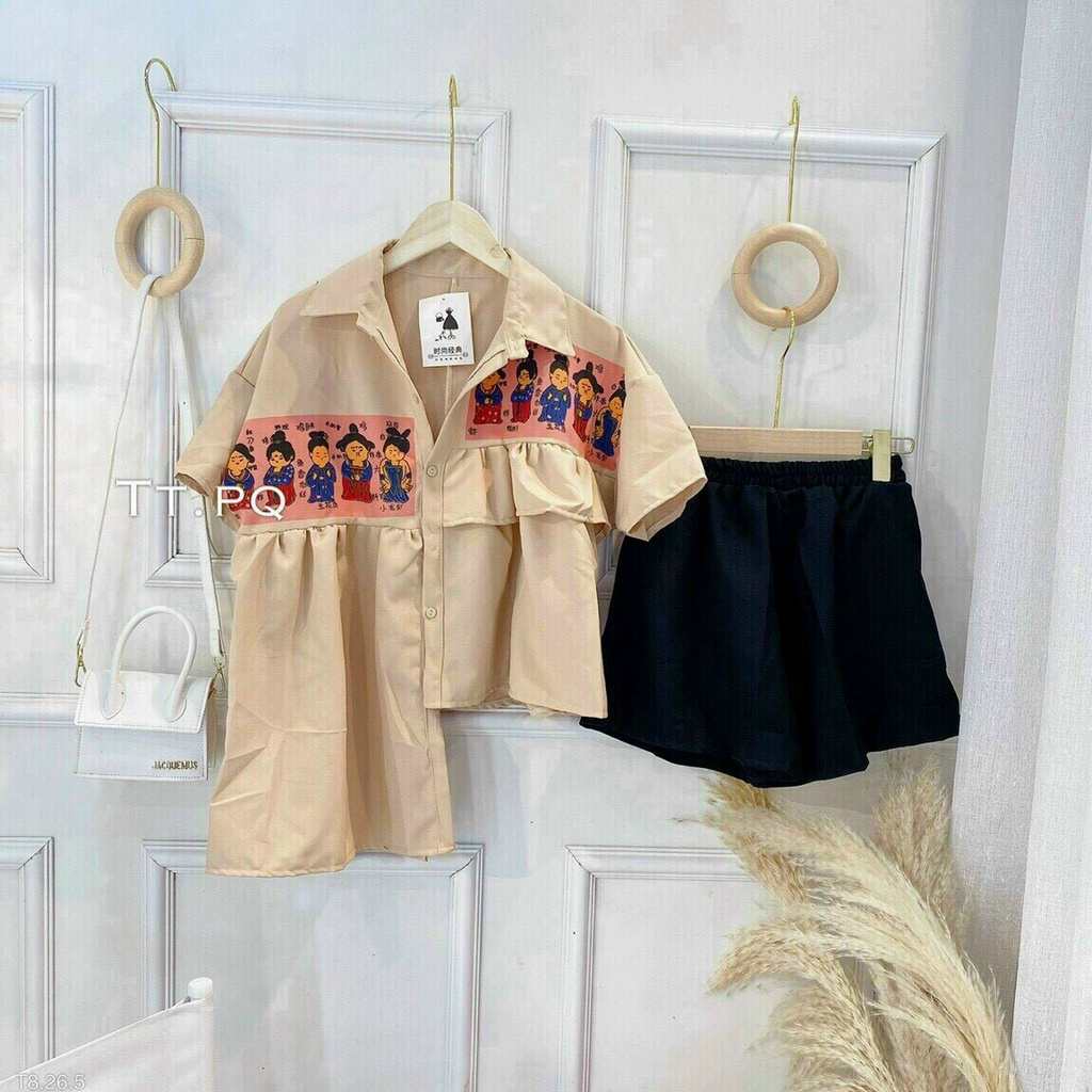 [ Miễn phí ship 2022 ] Set áo sơ mi vạc lệch, bộ chéo tà in hình cute quần short đen đi chơi mặc nhà dễ thương