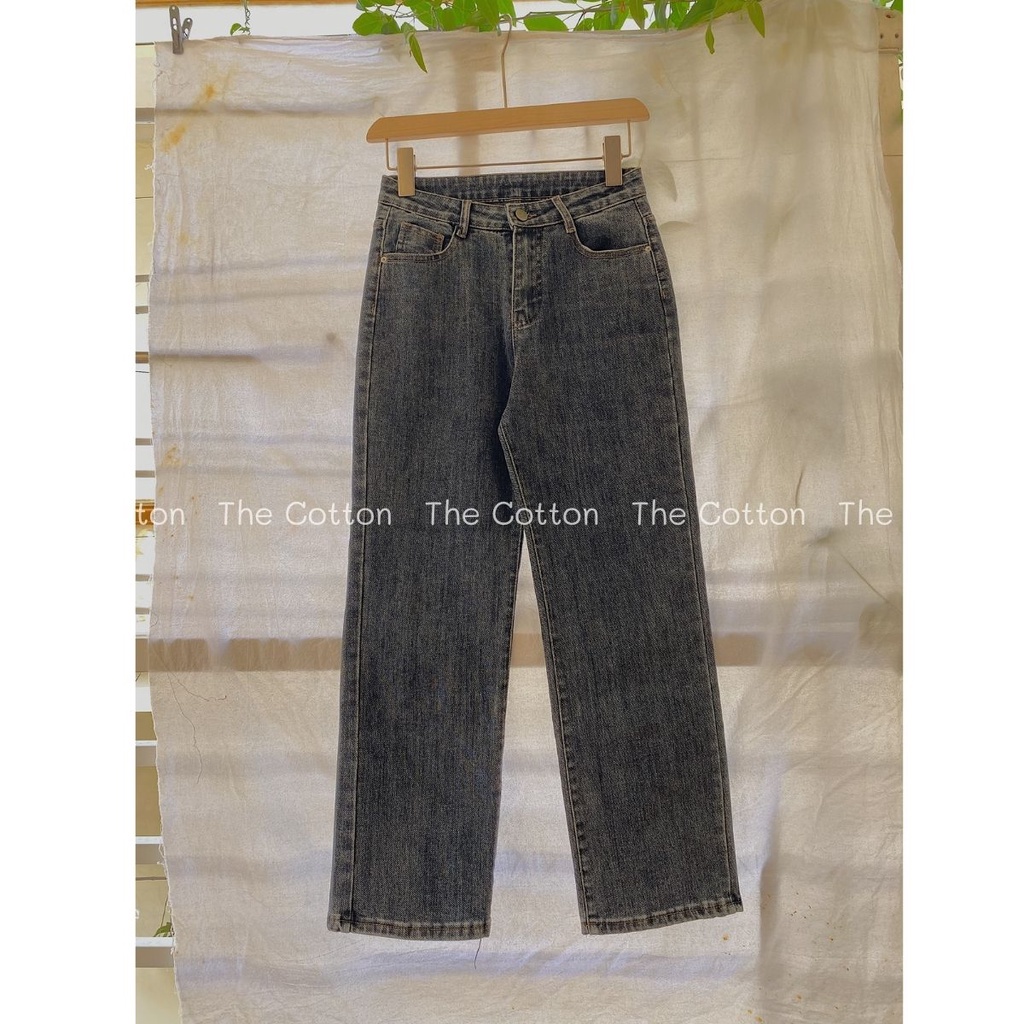 Quần Jeans Ống Đứng Xanh Xám TheCotton Quần Bò Nữ Ống Suông Lưng Cao