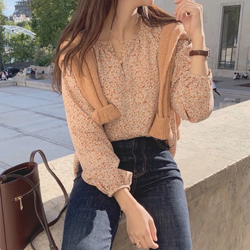 Áo Sơ Mi Chiffon Tay Dài Cổ Tròn Dáng Rộng In Hoa Nhỏ Kiểu Hàn Quốc Hàng Mới Dành Cho Bạn Nữ