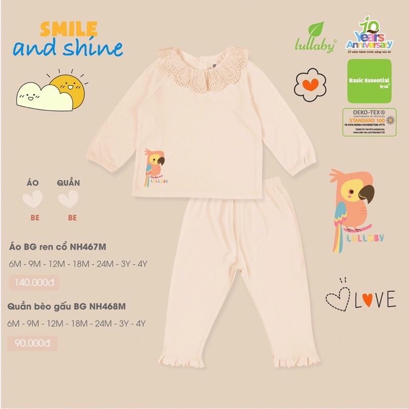 Bộ dài tay thu đông dày Lullaby ren cổ Bé Gái NH467M (9m-4y)