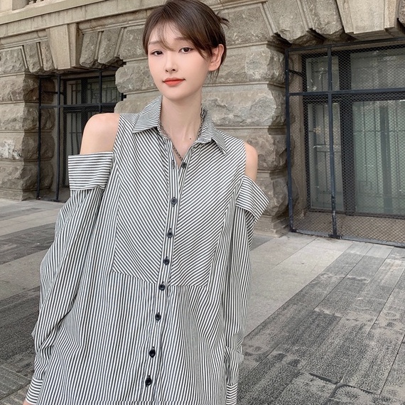 ZHELIHANGFEI Áo Sơ Mi Dài Tay Trễ Vai Họa Tiết Sọc Thời Trang Dành Cho Nữ