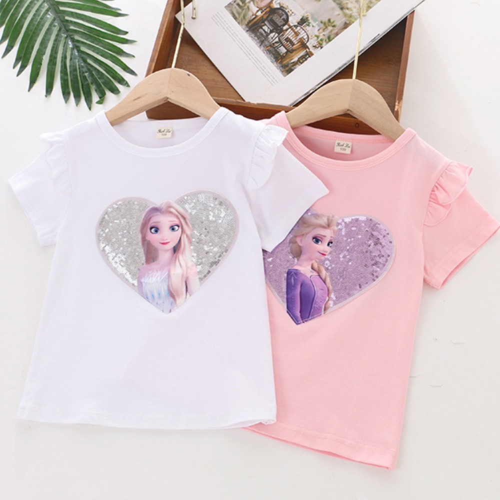 Áo thun cổ tròn tay ngắn in hình công chúa thời trang mùa hè dành cho bé gái